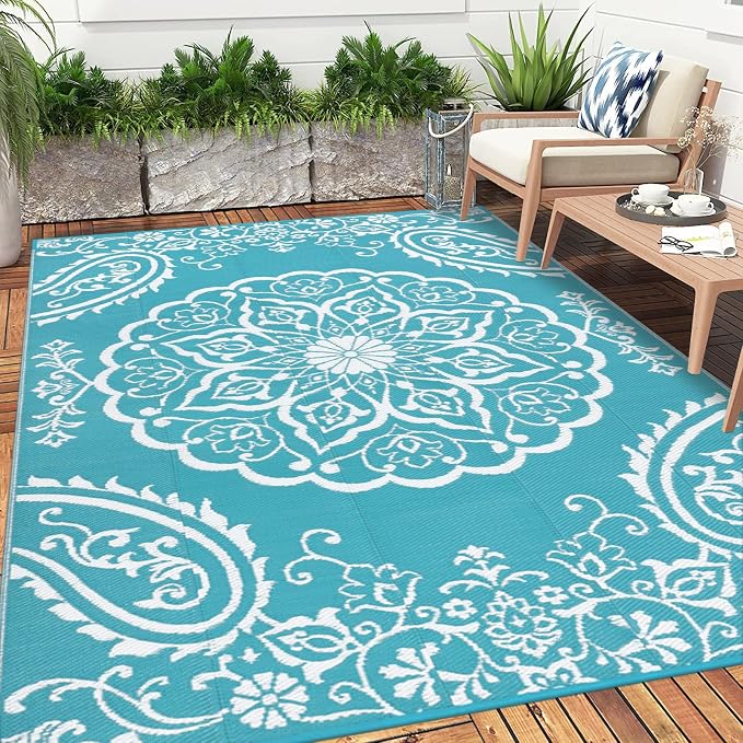 Pauwer Outdoor Rug 5x8, Waterproof Plastic Straw Camping Rug, Boho Teal | Reversible Patio Rug, UV Resistant Indoor Outdoor RV Mat Carpet For Deck, Camper, Porch, Balcony, Backyard, Picnic, Foldable
