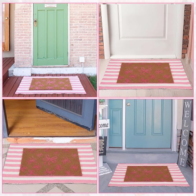 2 Pcs Outdoor Door Mat Combo Set Layered Outdoor Rug and Coir Welcome Doormat Non Slip Outside Floor Mat for Front Porch Entryway Patio Yard Decor(Light Pink Bow,24'' X 35'',24'' X 16'')