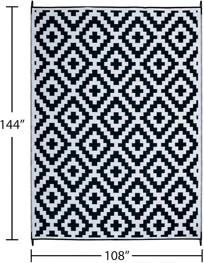 FH Home Outdoor Camping Rug - Waterproof, Fade Resistant, Reversible - Premium Recycled Plastic - Geometric - Large Patio, Deck, Sunroom, RV - Aztec - Black & White - 9 x 12 ft Foldable