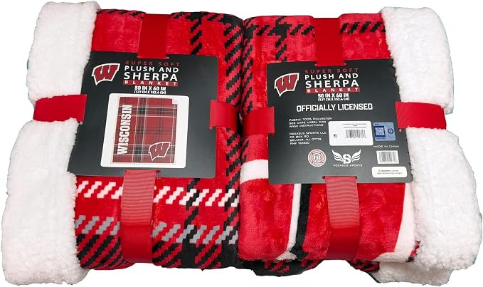 NCAA Wisconsin Badgers Playmaker Plaid Ultra Cozy Sherpa Throw