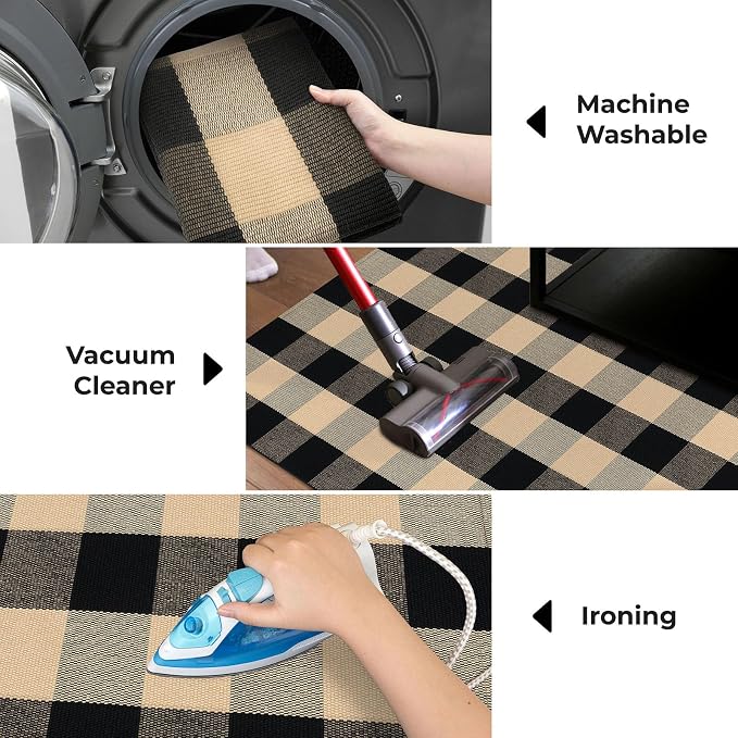 KOZYFLY Buffalo Plaid Area Rugs 2x4.3 Ft Brown and Black Checkered Rug Washable Front Door Mat Hand Woven Cotton Outdoor Rugs Small Rug for Front Porch Kitchen Entryway Patio Bathroom