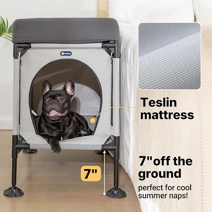 Veehoo Dog Bunk Bed, Dog Beds Attachment to Human Bed, Bedside Dogs Cot for Small, Medium Cats & Dogs, Pet Window Perch, Grey