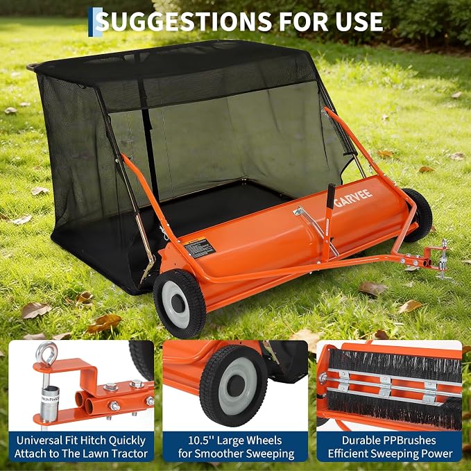 Garvee 42" Lawn Sweeper Tow Behind, Pull Behind Grass Sweeper, Orange