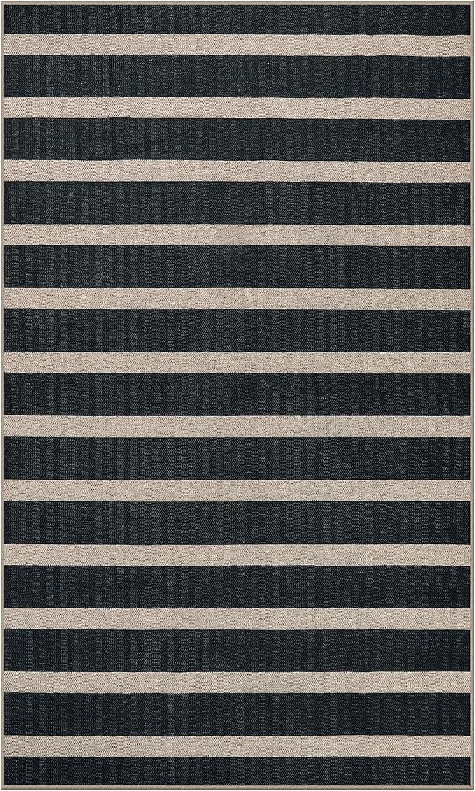 Lahome Striped Easy Jute 3x5 Outdoor Patio Rug, Washable Rugs for Porch | Entryway Indoor Living Room Black Area Rug, Geometric Modern Farmhouse Neutral Door Mat, Non Slip Carpet for Backyard