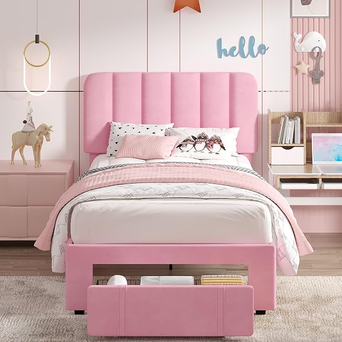 VECELO Twin Size Upholstered Bed Frame with Drawer and Headboard, Velvet Platform Storage Bedframe, Wooden Slats Support, No Box Spring Needed,Pink