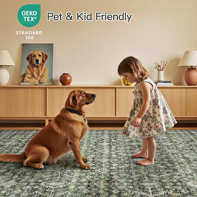 Lofus 5x7 Area Rug for Living Room,Green Washable Area Rugs with Non-Slip Backing,Soft Boho Carpets for Bedroom Dining Room Home Office Indoor Nursery
