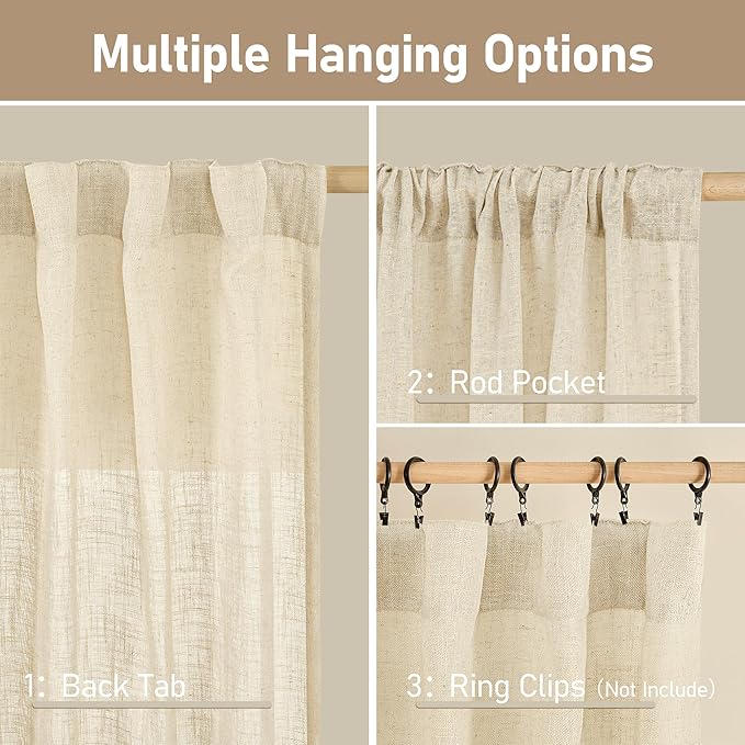 LAMIT Natural Linen Curtains 108 Inch for Living Room, Back Tab and Rod Pocket Linen Textured Sheer Curtains Light Filtering Drapes for Farmhouse/Bedroom, 2 Panels, 52 x 108 Inch, Beige