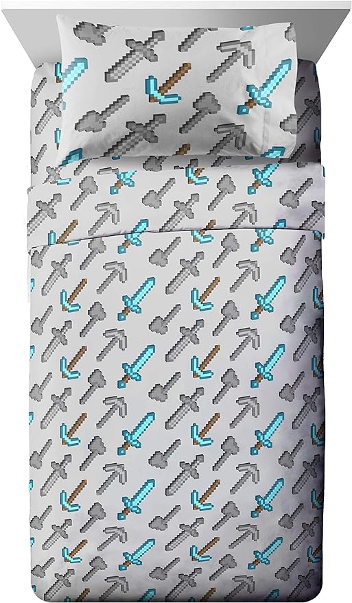 Minecraft Creeper Twin Comforter Set 4 Piece Kids Bedding for Boys, Blue | Zombie Steve, Bed in a Bag, Comforter Sheets Pillowcase, Official Product, Soft Microfiber, Machine Washable, Boys Gift