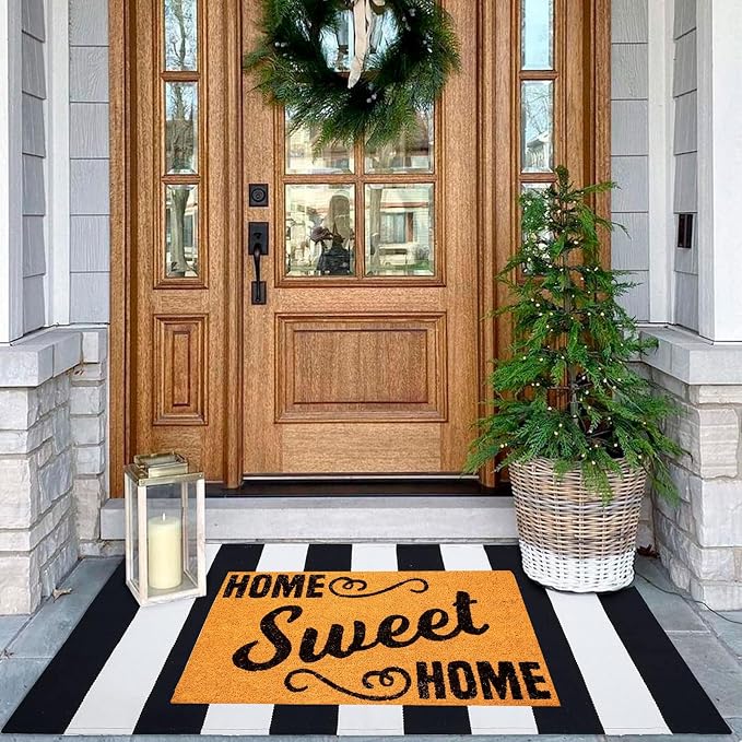 Striped Outdoor Rug 27.5x43 Black and White Front Door Mat, Layering Rug for Porch, Washable Doormat, Cotton Area Rug for Outdoor Entrance Entryway Patio Porch Decor