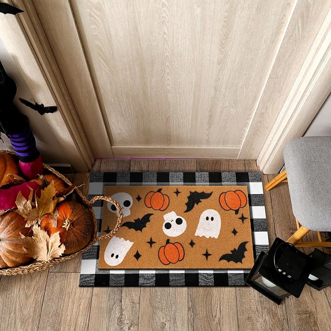 Tinideya 2 Pcs Halloween Door Mat Ghost Skull Pumpkin Bat Welcome Non Slip Coir Mats Fall Floor Layering Doormats for Front Porch Entryway Decor(Cute Ghost)