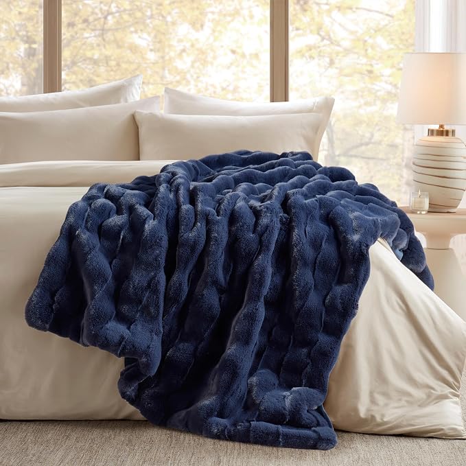 Madison Park Vivienne Faux Fur Throw Blanket Velvet, 50 x 60, Navy | All Season, Cozy Warmth for Sofa or Bed, Reversible, Lightweight, OEKO-TEX Certified