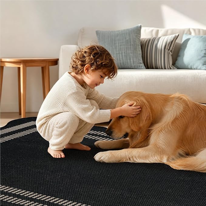 EDIMENS Scalloped Easy Jute 3x5 Outdoor Rug, Washable Non-Slip Geometric Black Rugs for Entryway, Indoor Outdoor Farmhouse Rug Modern Carpet Door Mat Area Rug for Patio Living Room Porch Kitchen
