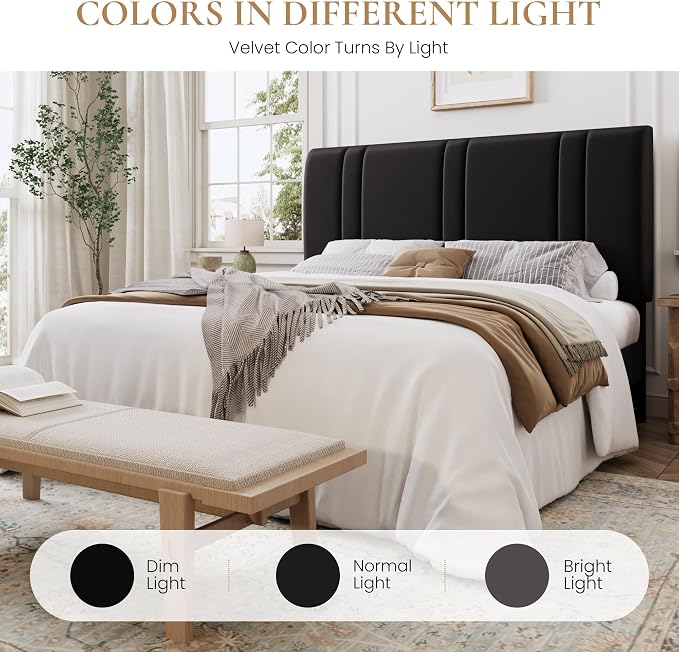 SHA CERLIN Full Size Velvet Bed Frame with Adjustable Headboard, Black | Vertical Channel Tufted Design, Upholstered Platform Bed, Wood Slats Support/No Box Spring Needed/Easy Assembly