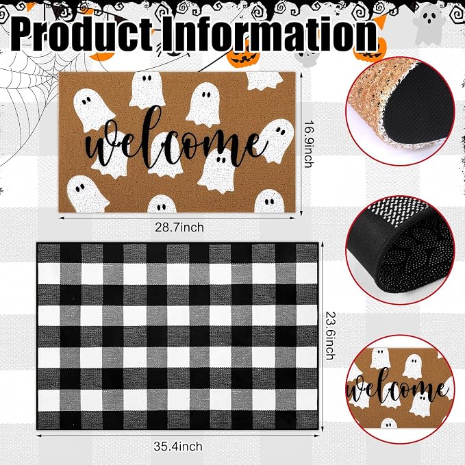 Tinideya 2 Pcs Halloween Layered Doormat Set, Ghost Welcome Mat with Black and White Buffalo Plaid Rug, Farmhouse Front Porch Rugs for Entryway Fall Decor