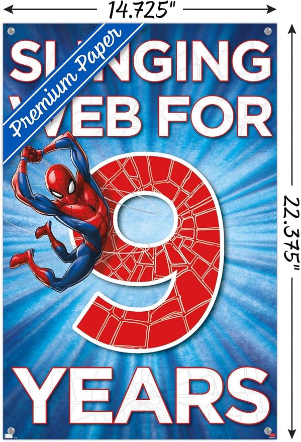 Trends International Marvel Spider-Man - Happy 9th Birthday Wall Poster, 14.72" x 22.37", Premium Poster & Push Pin Bundle