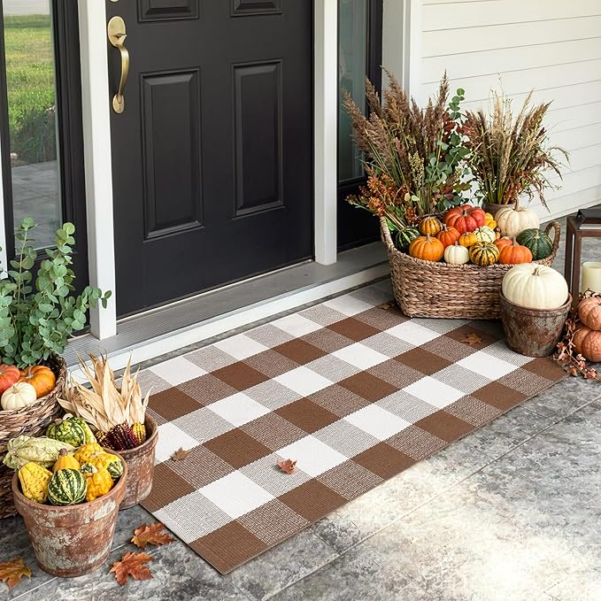 Uphome Bufflo Plaid Outdoor Rug 2'x4.3', Fall Decor Checkered Front Door Mat, Indoor Outdoor Farmhouse Cotton Porch Rug for Layered Door Mats, Washable Brown Carpet Runner for Patio Entryway