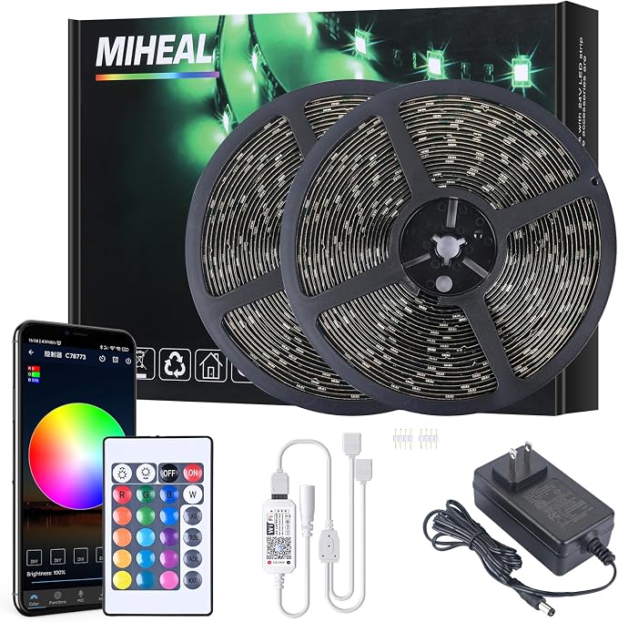 MIHEAL 5050 WiFi RGB LED Strip 65.6Ft IP65 Waterproof Black PCB Kit | Smart WiFi flexible PCB 5050 LED light strip soft bendable For home tv decor