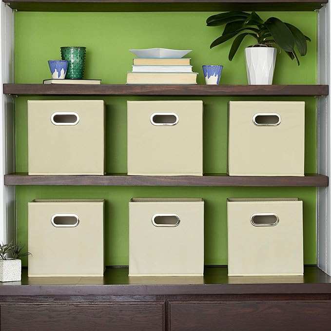 Fabric Storage Bins 6 Piece Set, Strong Poly-Woven Fabric, Sturdy Chipboard Sides, Grommet Front Handle, Stackable and Foldable, Classic Design, Cream