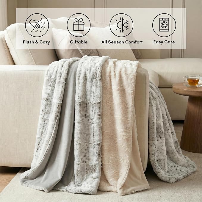 Americanflat Faux Fur Throw Blanket - Luxury 50x60 Extra Soft Plush Rabbit Fur, Reversible & Machine Washable Cozy Throw for Bed, Couch, Sofa, or Living Room Decor - Ivory, Cream, White