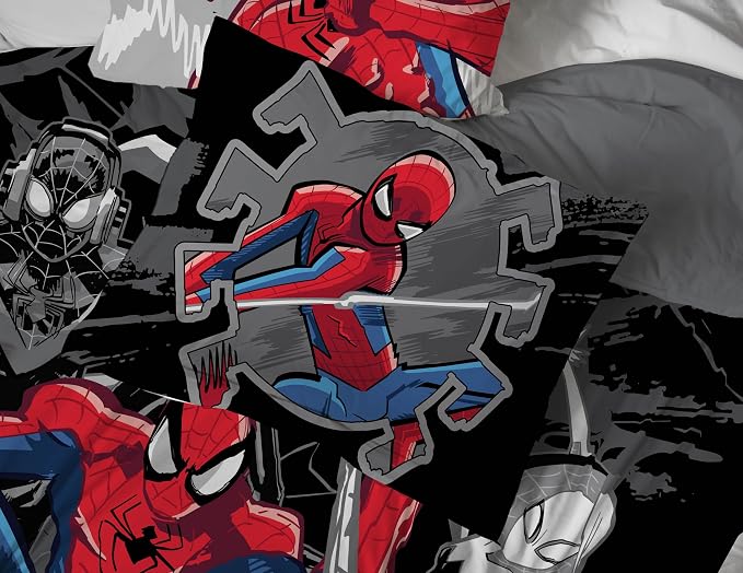Marvel Spiderman Full Comforter Set 7 Piece Bedding for Boys, Black | Bed in a Bag, Comforter Sheets Shams Pillowcases, Official Product, Soft Microfiber, Machine Washable Easy Care, Boys Gift