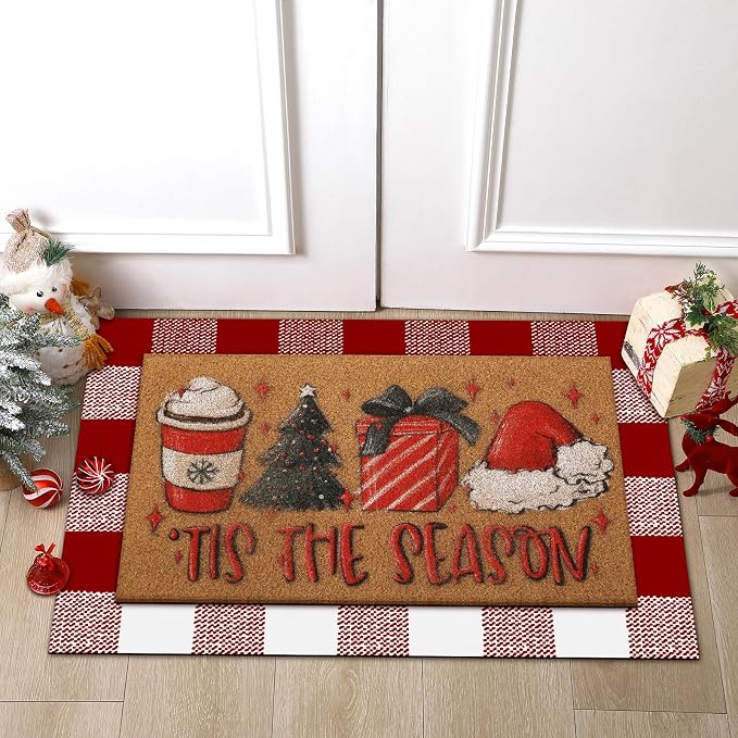 Tinideya 2 Pcs Christmas Layered Doormat Set, Tis the Season Welcome Mat and Red White Plaid Layering Rug, Xmas Front Porch Decorations for Entryway Doorway Outdoor
