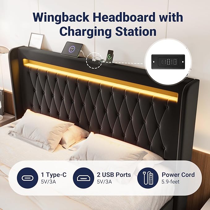 Allewie King Size Upholstered Bed Frame with LED & Charging Station, Black | Customizable LED lights, charging station, tufted wingback headboard, noise-reducing support, and no box spring needed.