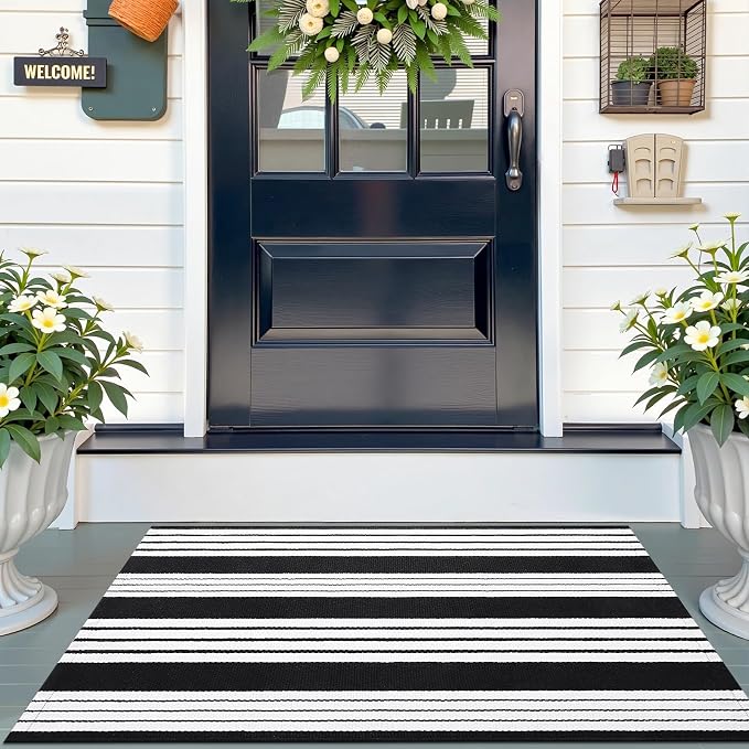OLANLY Black and White Classic Striped Rug 2'4" x 3'7" (27.5" x 43") | Washable Cotton Indoor Outdoor Doormat for Front Door, Entryway, Kitchen, Porch, Patio Decor