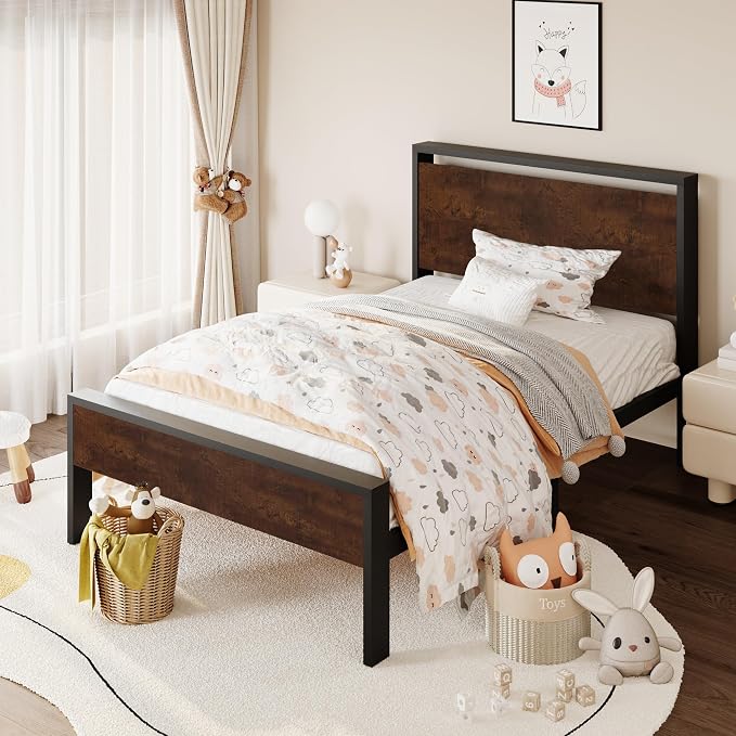 SHA CERLIN 14 Inch Twin Size Metal Platform Bed Frame with Wooden Headboard and Footboard, Mattress Foundation, No Box Spring Needed, Large Under Bed Storage, Heavy Duty Slats Support, Mahogany