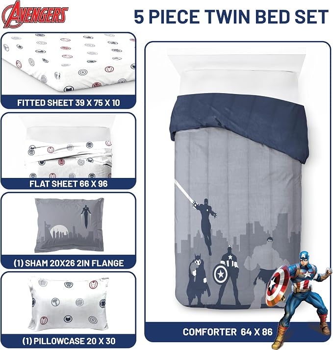 Marvel Avengers Twin Comforter Set 5 Piece Soft Bedding for Boys, Blue | Captain America Iron Man, Bed in a Bag, Comforter Sheets Sham Pillowcase, Soft Microfiber, Machine Washable, Boys Gift