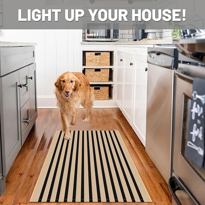 IOHOUZE Striped Area Rug 2.3'x3.6' Front Door Rugs Small Washable Area Rug for Front Porch, Spring Summer Welcome Door Mats Outdoor Indoor, Doormat for Entryway Porch Entrance, Tan/Black