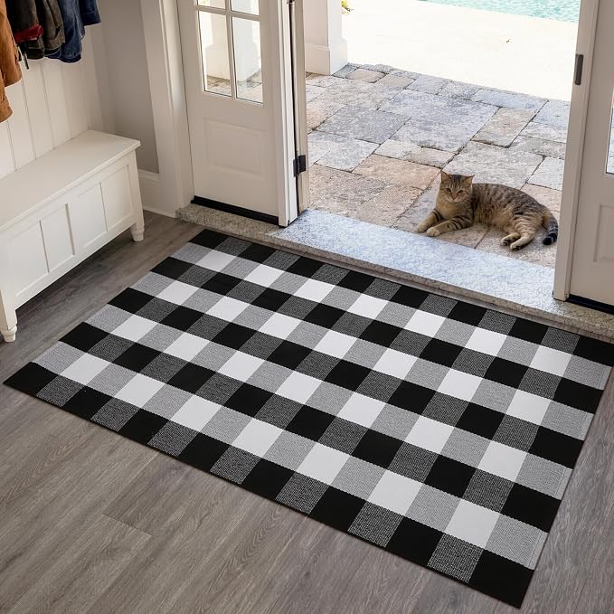 KIMODE Buffalo Plaid Outdoor Rug 3x5, Farmhouse Cotton Front Door Mat, Washable Black and White Checkered Rug Spring Outdoor Decor for Welcome Layered Door Mat Front Porch Entryway Kitchen