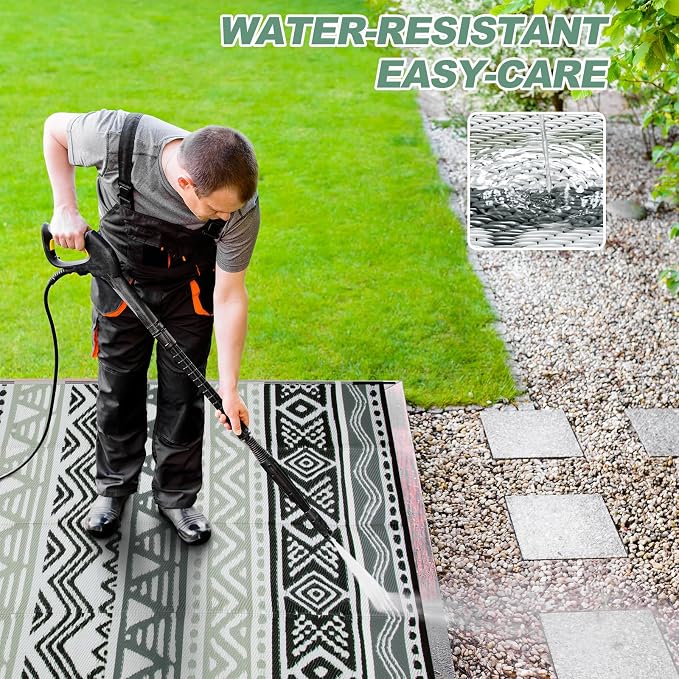 Lahome Outdoor Rug Waterproof, 5x8ft Reversible Outdoor Plastic Straw Rug for Camping, RV Patio Rugs Outside Carpet for Porch Deck Backyard Balcony Picnic(Grey/Black,5'x 8')