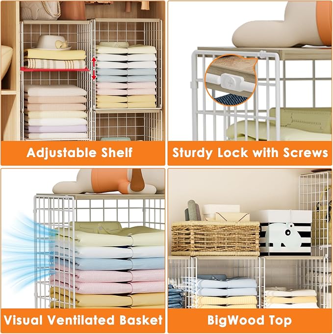 6 Tier Taller Closet Organizers and Storage, Stackable Closet Shelf Organizer with 2 Dividers for Clothes Towels Toys, Rv, Double Storage Design, Clothing Storage Basket for Wardrobe, White ﻿