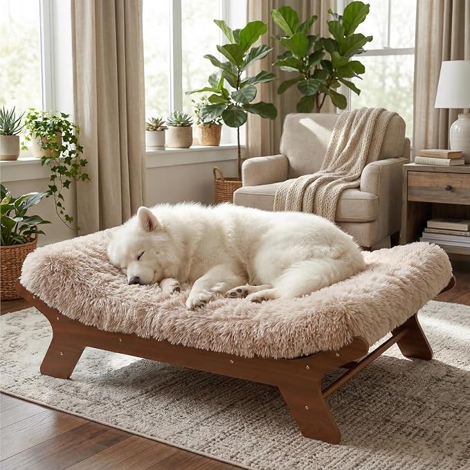 Muihood Elevated Wooden Dog Bed with Foam Mattress, Walnut, Large | Raised Dog Bed with Washable Cover, Supportive Foam Mattress, Perfect for Large Dogs and Indoor Living