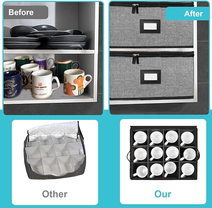 Quilted Mug Cup Storage Box,China Storage Containers | Cup Storage Containers Hard Shell with Lid for Moving Transport,Kichen Dinnerware Storage