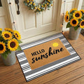 2 Pcs Layered Front Porch Decor, Hello Sunshine Welcome Doormats Summer Coastal Entryway Rug Set, Black and White Striped Crystal Velvet Base and PVC Coil Door Mat, 15.7x23.6 & 23.6x31.5