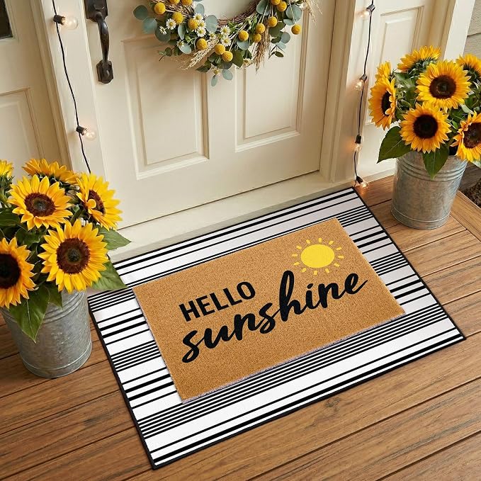 2 Pcs Layered Front Porch Decor, Hello Sunshine Welcome Doormats Summer Coastal Entryway Rug Set, Black and White Striped Crystal Velvet Base and PVC Coil Door Mat, 15.7x23.6 & 23.6x31.5