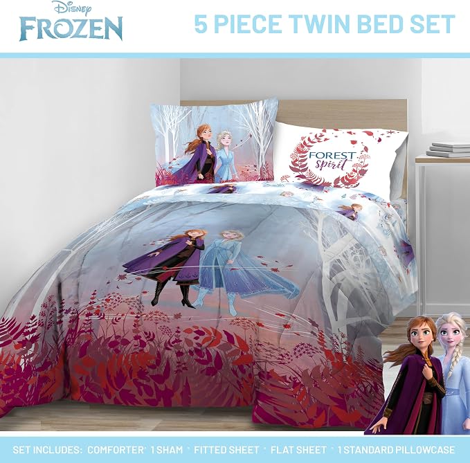 Disney Frozen 2 Forest Spirit 5 Piece Twin Bed Set - Includes Reversible Comforter & Sheet Set - Bedding Features Elsa & Anna - Super Soft Fade Resistant Microfiber - (Official Disney Product) | Bed in a Bag, Comforter Sheets Sham Pillowcase, Official ...