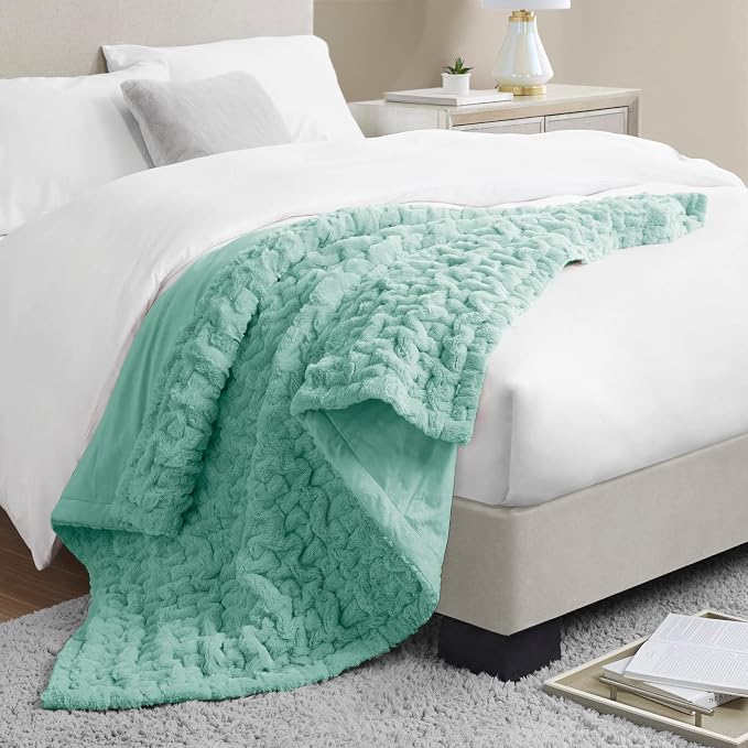Madison Park Ruched Fur Throw Faux Fur Blanket for Sofa, 50" x 60", Aqua | Luxury, Premium, Soft Cozy Brushed Long Pile, All Season Plush Modern OEKO- TEX Certification Warm For Bed, Couch or Sofa