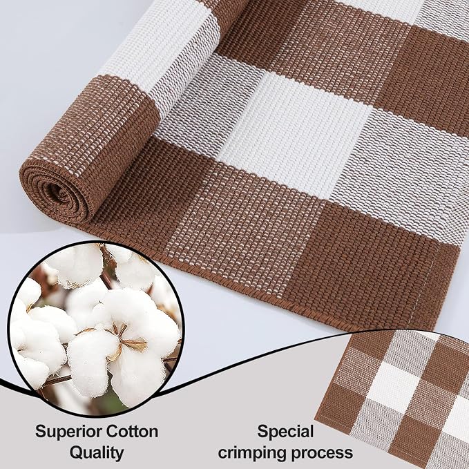 OLANLY Buffalo Plaid Rug 3' x 5' | Coffee and White Cotton Checkered Doormat, Washable Indoor Outdoor Rug for Layered Front Porch, Kitchen, Entryway Decor