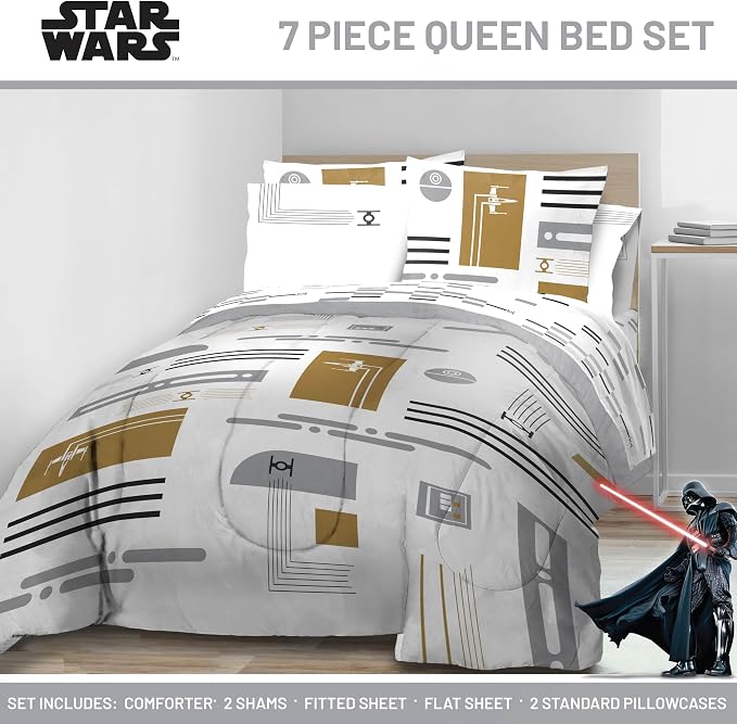 Jay Franco Star Wars Queen Comforter Set 7 Piece Soft Modern Bedding, White | Bed in a Bag, Comforter Sheets Shams Pillowcases, Official Product, Soft Microfiber, Machine Washable, Fan Gift