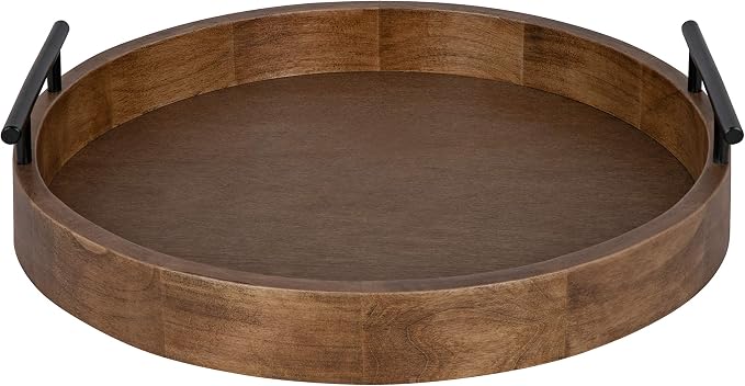 Kate and Laurel Lipton Modern Round Wood Tray, 15.5" Diameter, Rustic Brown with Black Handles, Decorative Accent Tray for Storage and Display