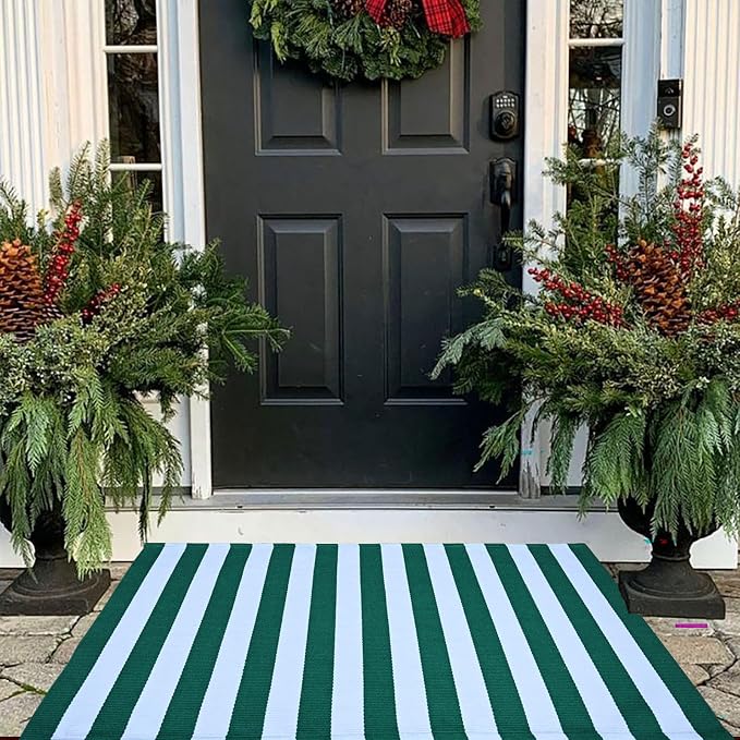 Green & White Striped Rug, 2'4" x 3'7" Indoor/Outdoor Area Rug for Front Porch, Entryway, Machine Washable Cotton Woven Welcome Door Mat