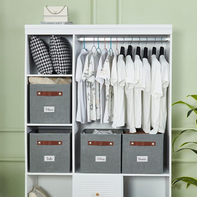 DECOMOMO Storage Bins, Cube Storage Bin with Labels | 10.5" x 11" Fabric Storage Cubes for Shelves (6pcs, Texture Grey)
