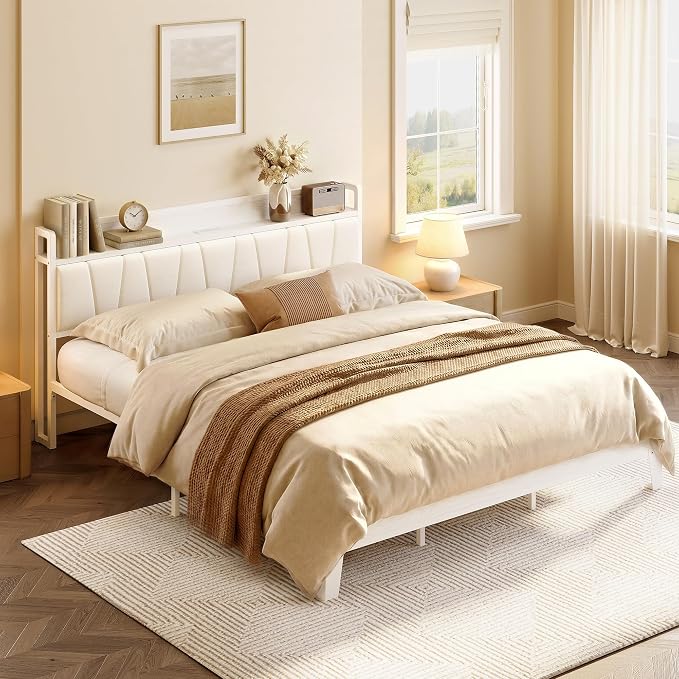 LIKIMIO California King Bed Frames, PU Leather Storage Headboard with Charging Station, Solid and Stable, Noise Free, No Box Spring Needed, Easy Assembly, White