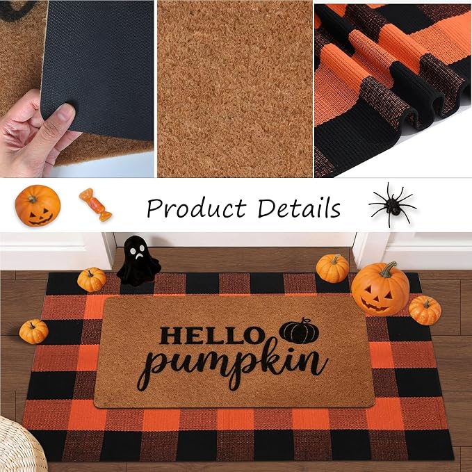 2 Pcs Halloween Decor Door Mat Combo Set, Coir Welcome Mat & 27.5 x 43 Inches Orange and Black Plaid Rug,Layered Buffalo Plaid Mat for Front Porch Entryway, Indoor Outdoor Welcome Mats