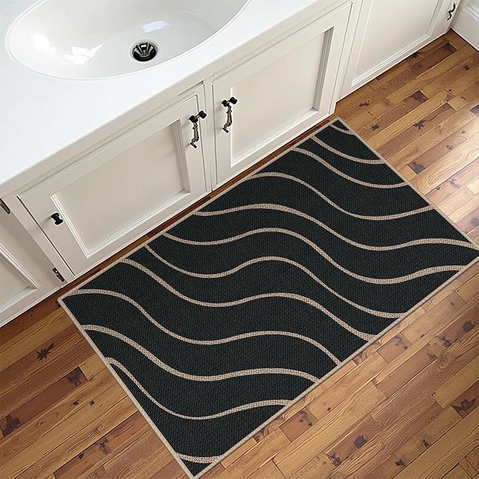Easy Jute 2x3 Black Wave Area Rug,Washable Entryway Rug, Small Modern Door Carpet,Neutral Non-Slip Outdoor Indoor Farmhouse Rug for Kitchen Patio Entry Porch