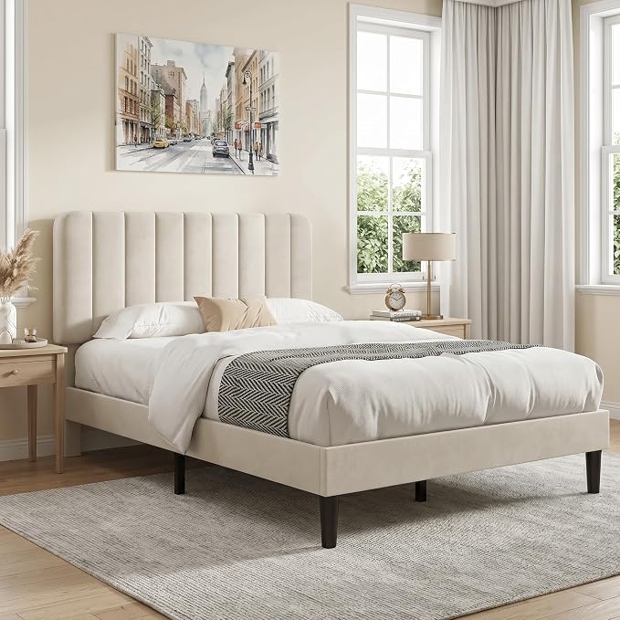 VECELO Queen Size Bed Frame with Upholstered Headboard, Velvet Platform Bedframe Mattress Foundation, Strong Wood Slat Support, No Box Spring Needed,Bone Beige