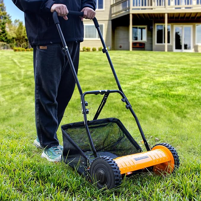 Walensee 16-Inch 5-Blade Push Reel Lawn Mower, Cordless Manual Reel Lawn Mower Walk-Behind Steel Lawn Mowers with Removable 7.9-Gallon Grass Catcher, Sponge Grip, 4-Position Cutting Height Adjustment