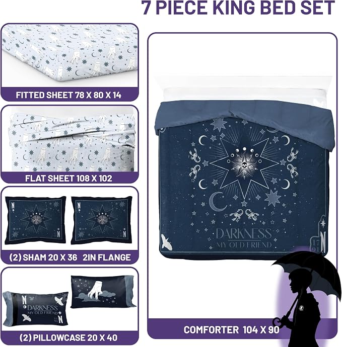 Wednesday Addams King Comforter Set 7 Piece Bedding for Girls, Blue | Bed in a Bag, Comforter Sheets Shams Pillowcases, Official Product, Soft Microfiber, Machine Washable, Girls Gift